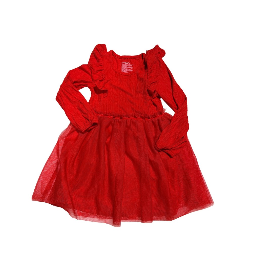 Cat & Jack Red Tutu Skirted Dress Girls 4T Tulle Lined Long Sleeve Ruffle NEW